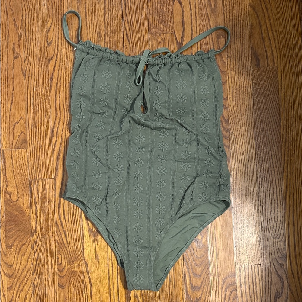 Women’s Olive Green One-Piece Swimsuit with Floral Texture